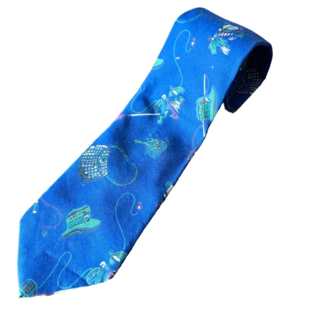 Gap Men’s Tie Fishing Creel Hat Lures Net Blue Green Nautical 100% Rayon